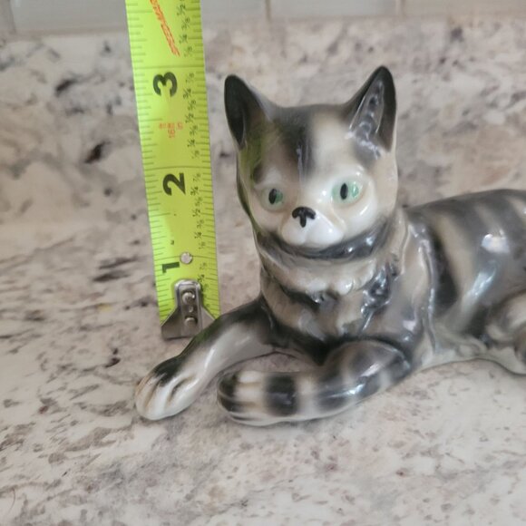 Vintage Ceramic Cat Figurine Gray & Black Striped Design Germany Stamp - Picture 7 of 8